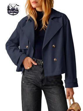 Cropped Trench Coat Women Double Breasted Oversized Short Coat